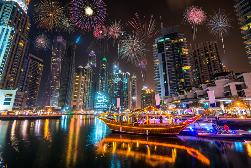 Fireworks in Dubai by the water