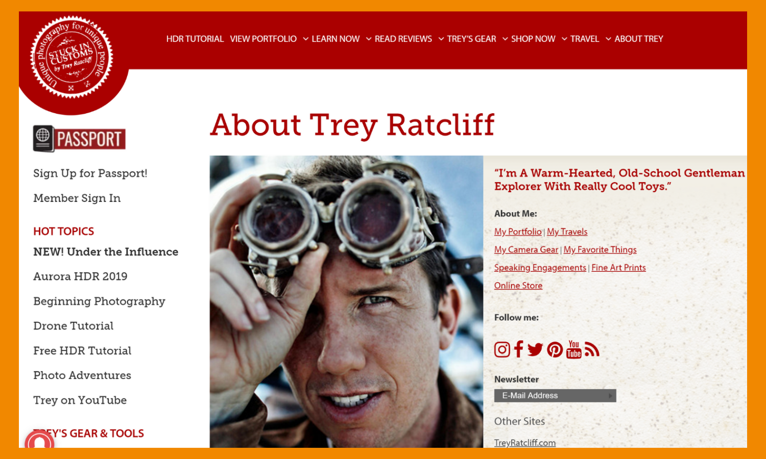 A screenshot of Stuck in Customs main page. The page has a picture of Trey Ratcliff and a variety of different headings. 