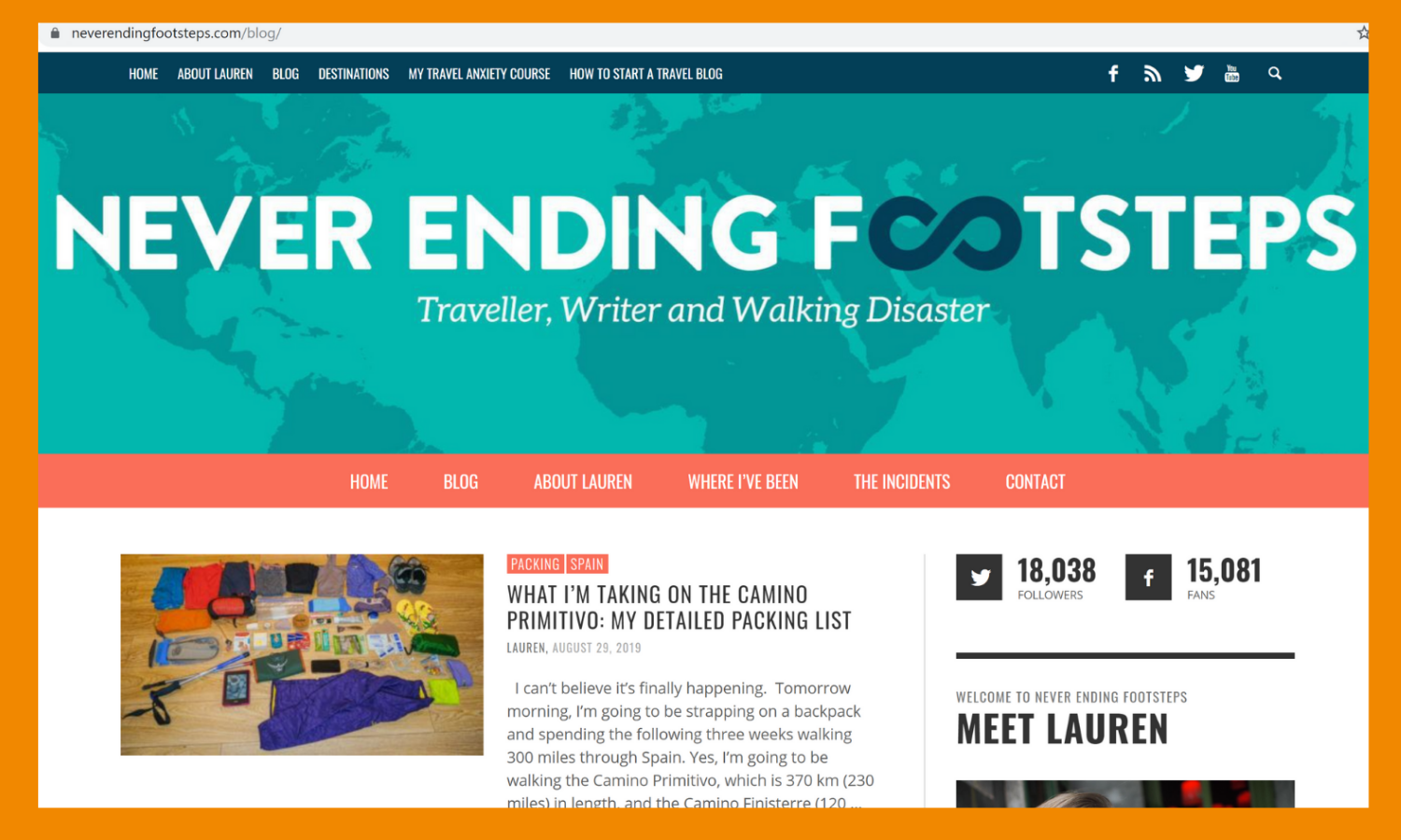 A screenshot of the home page of Never Ending Footsteps blog. 