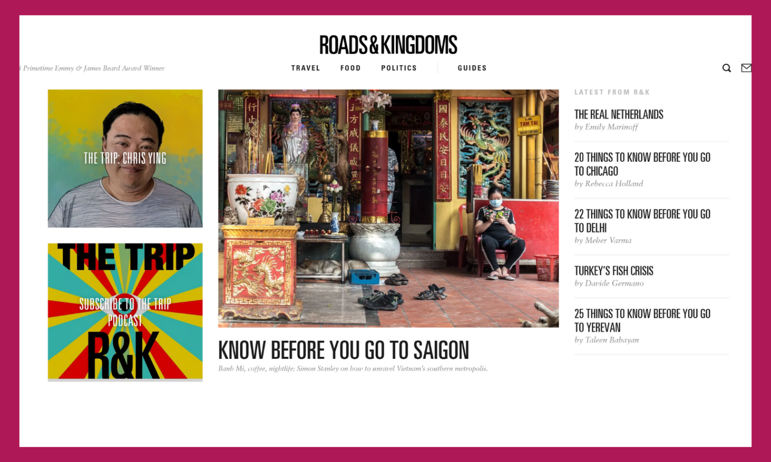 A screenshot of the Roads and Kingdoms blog's homepage. 