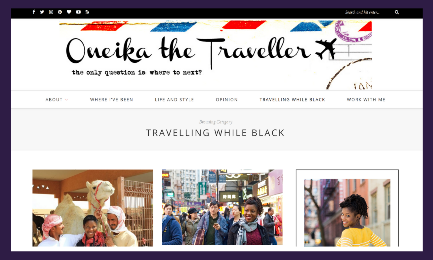 A screenshot of Oneika the Traveller's blog. This page is her 'Travelling while Black' category with a variety of different photographs that link to blog posts within this category. 