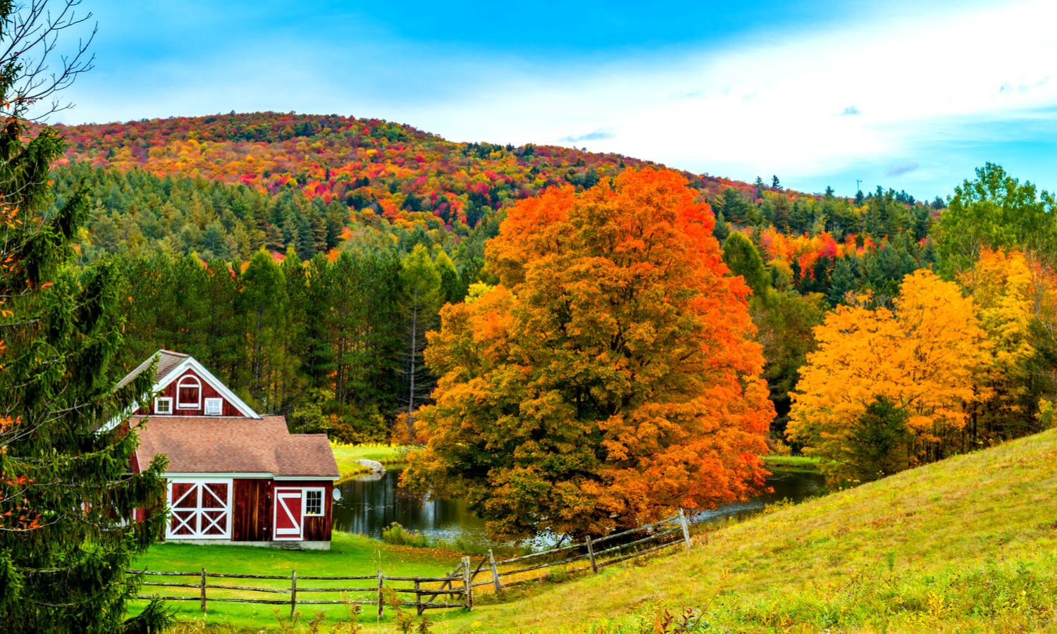 Photograph of an American autumn landscape. Red barn nestled in red, orange and green-leafed trees. 