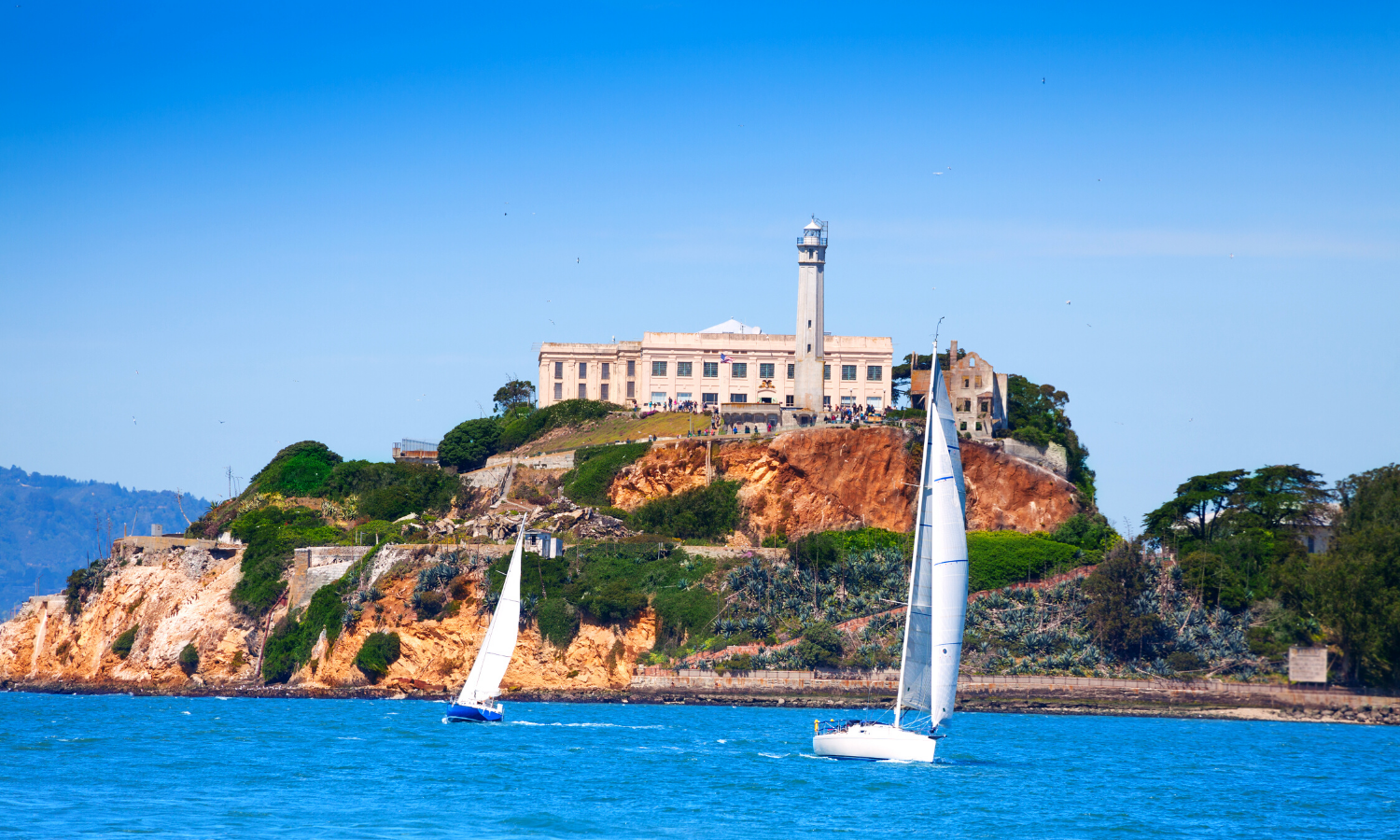 Picture of Alcatraz Island with some Yachts sailing in front. 