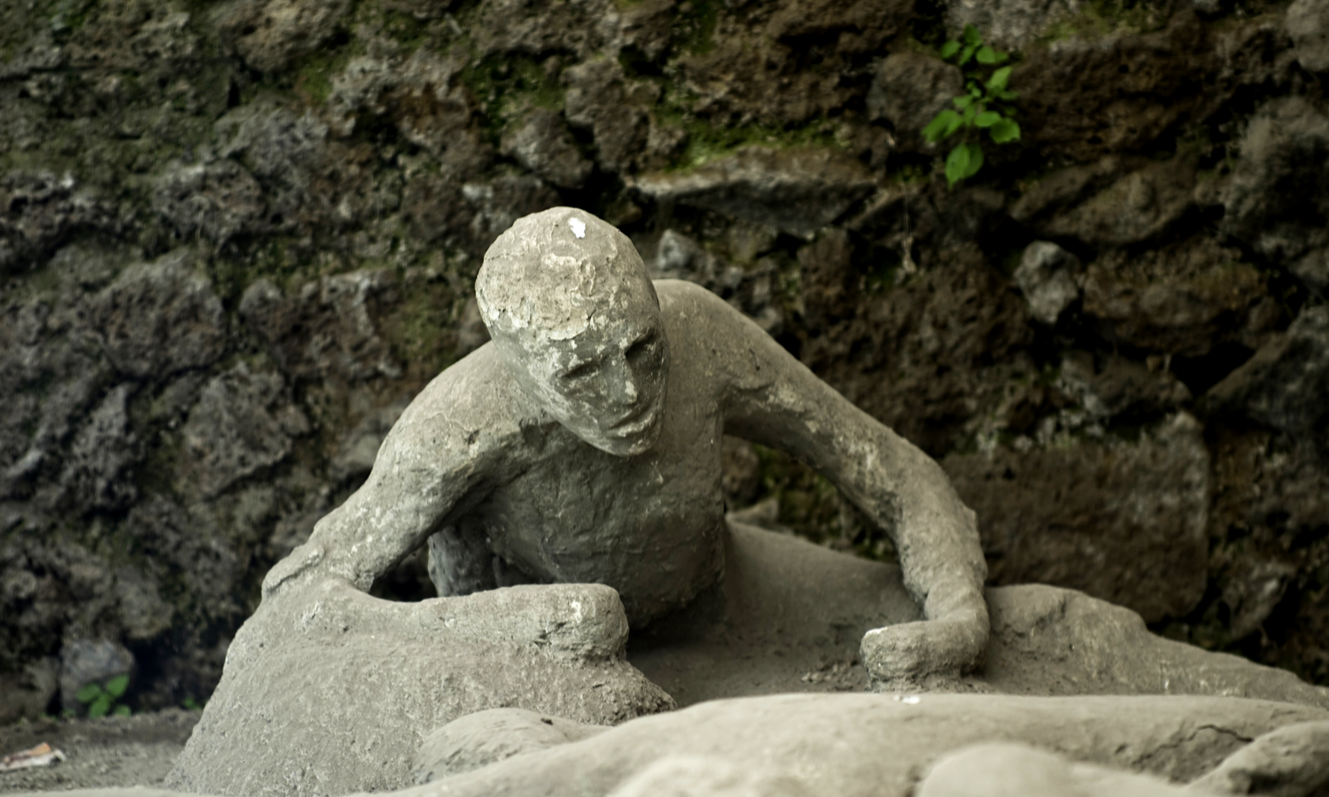 Picture of a 'petrified' Pompeii victim. Plaster was poured into the hollow spaces in the ground and produced casts of the victim's bodies. This cast depicts someone trying to climb away with horror depicted on it's face.