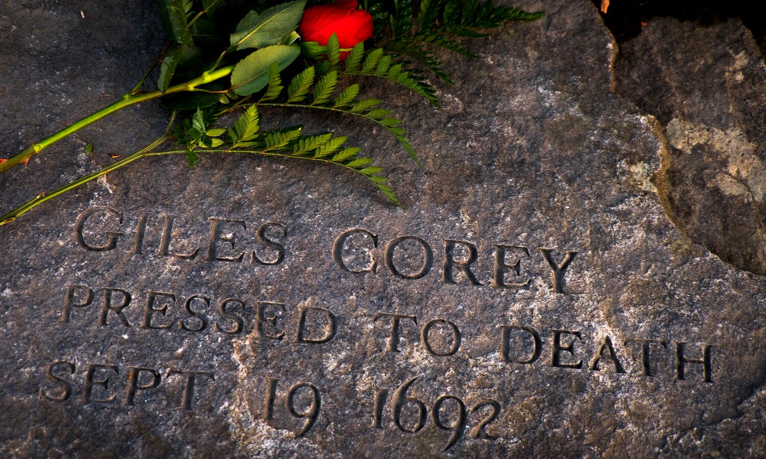 Photo of the grave of Giles Corey who died in 1692. Was pressed to death in association with witchcraft. 