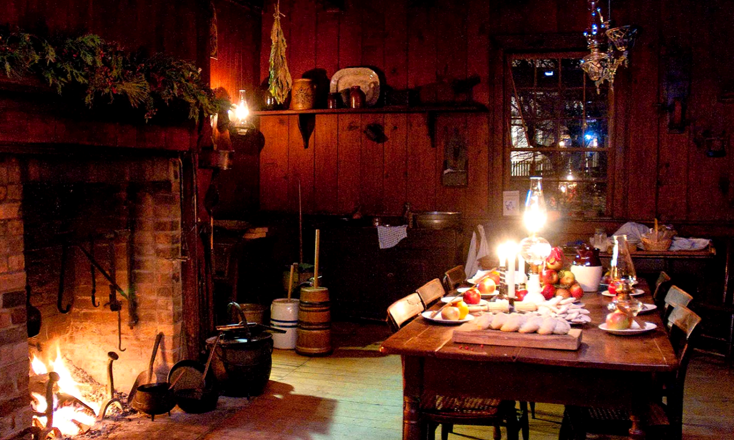 A picture of a Christmas dinner scene in an old kitchen. Quintessentially Victorian. 